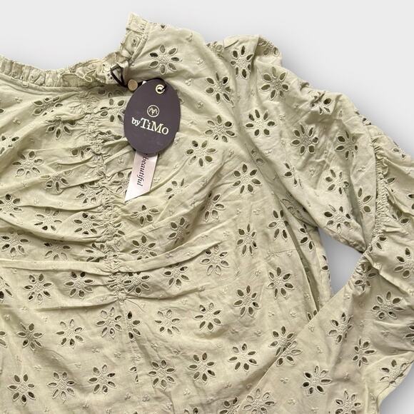 BY TIMO NEW GREEN RUFFLED RUCHING BLOUSE BOHO EYELET EMBROIDERY LONG SLEEVE XL - Picture 2 of 9